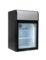 Black freezer with glass door and illuminated display